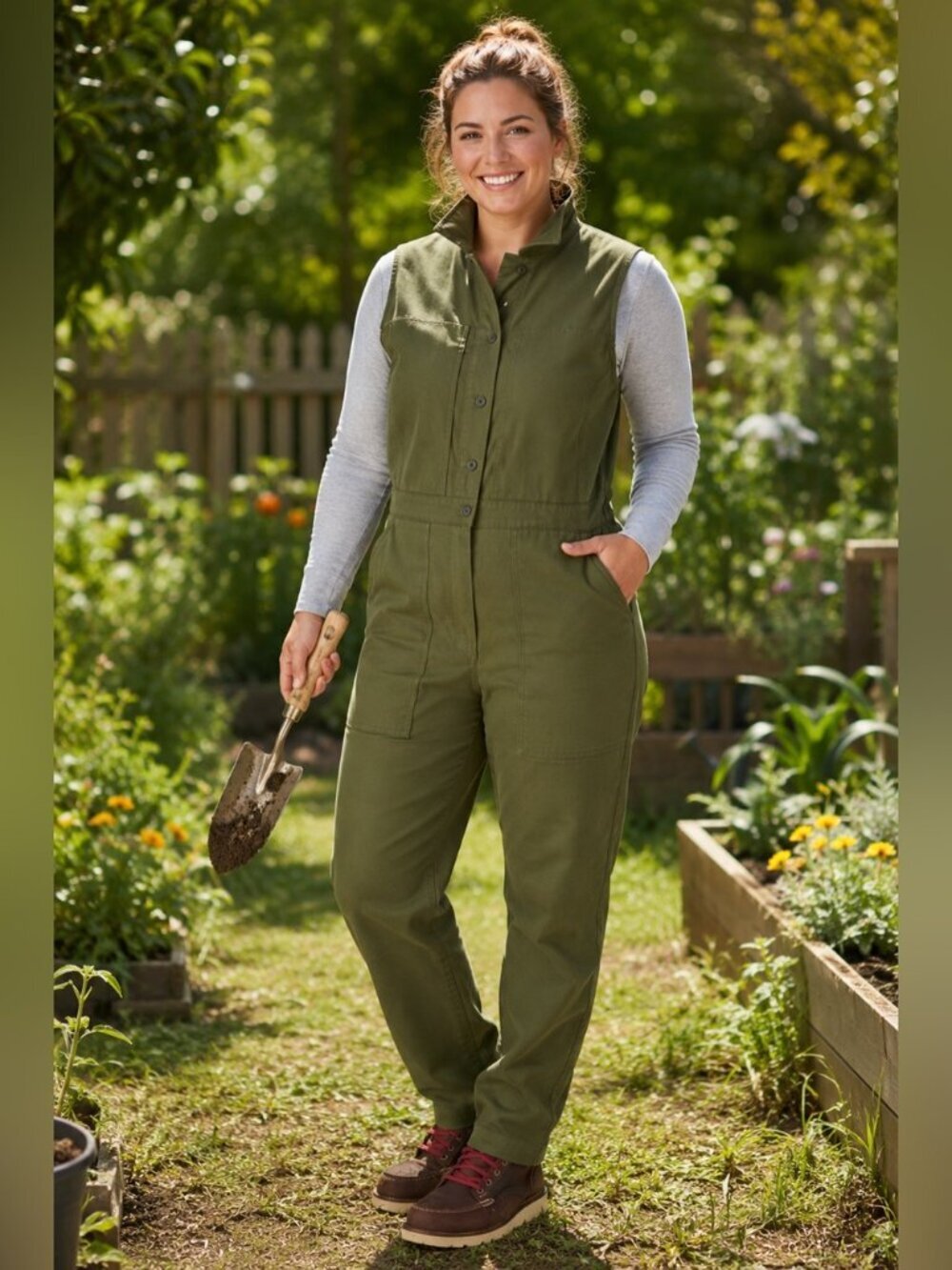 Duluth Trading Company Size L Olive Green Sleeveless Utility Cargo Jumpsuit